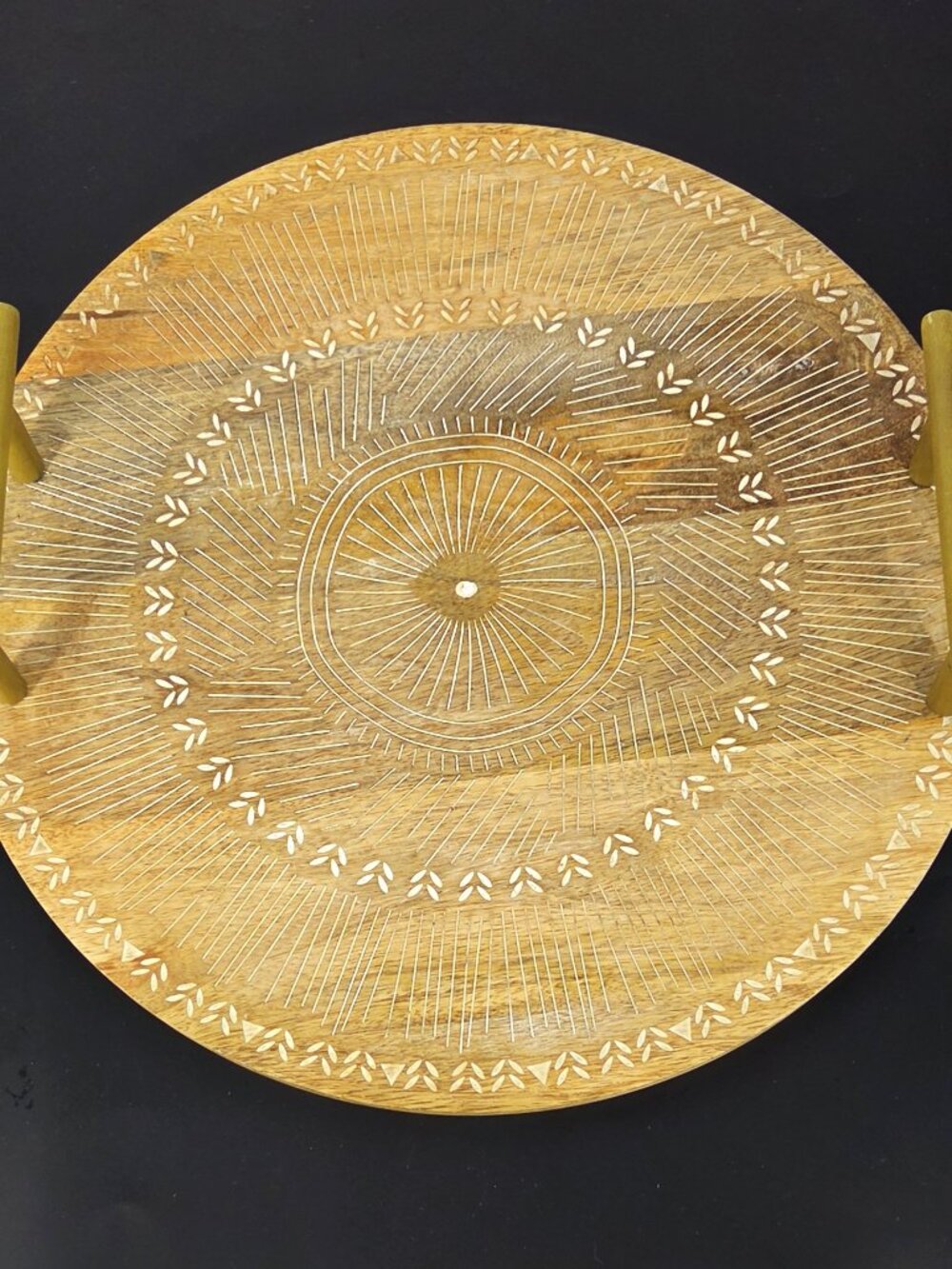 Hand Carved Mango Wood Round Serving/Display Tray Hand Rubbed In India Folk Art
